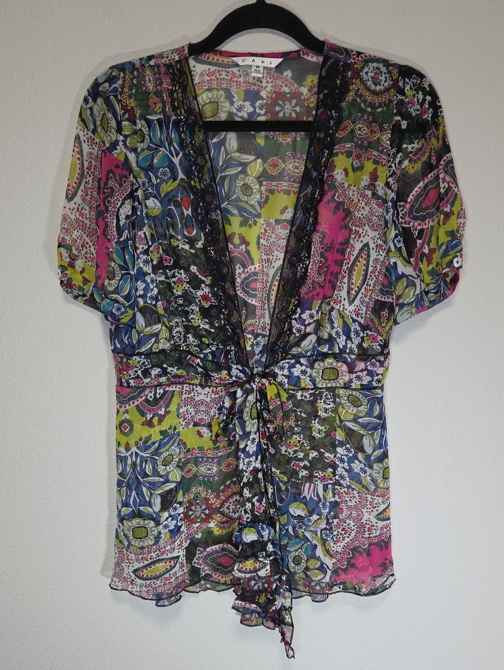 Cabi Y2k Vintage Boho Floral Tie-Front Sheer Top - Multicolor